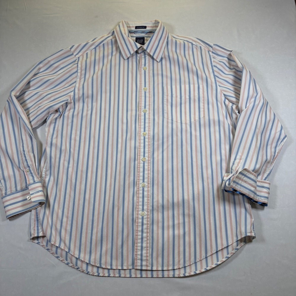Gap Mens Classic Fit Striped Button Down Shirt XL 17-17.5 Blue Pink 388367-02
